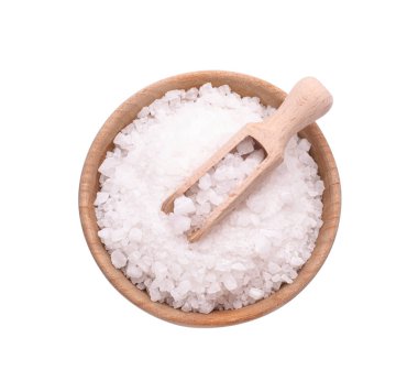 Bowl with natural sea salt and wooden scoop isolated on white, top view clipart