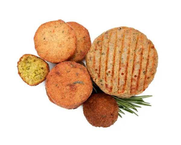 Many Delicious Vegan Meat Products Rosemary Isolated White Top View — Stock Photo, Image