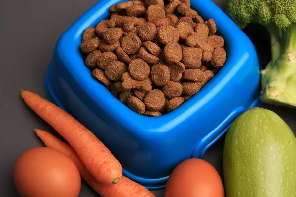 Dry pet food and products on black background, closeup