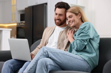 Evdeki kanepede dizüstü bilgisayarı olan mutlu çift.