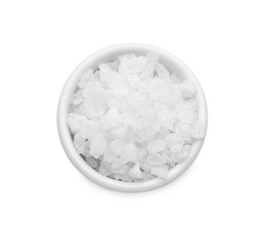 Bowl with natural sea salt isolated on white, top view