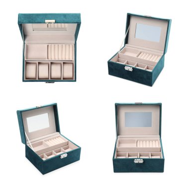 Beyaz, farklı açılardan izole edilmiş zarif mücevher kutusuna sahip kolaj