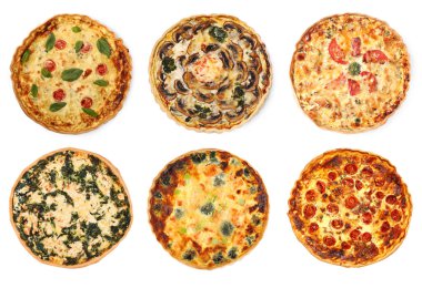 Beyazlar üzerinde izole edilmiş farklı lezzetli çörekler, set. Üst görünüm