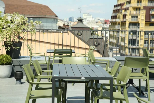 Zone Observation Café Tables Chaises Sur Terrasse Face Beau Paysage — Photo