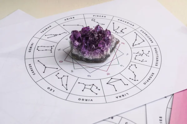 Zodiac wheel and gemstone for making forecast of fate on table, closeup. Astrological predictions