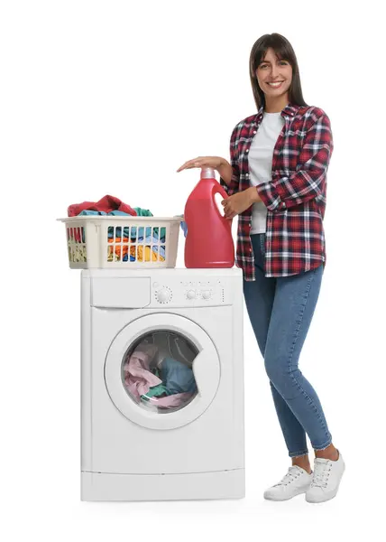 Beautiful Woman Detergent Laundry Basket Washing Machine White Background — Stock Photo, Image