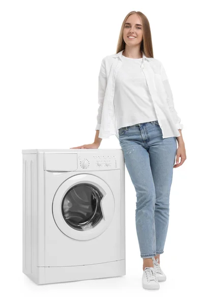 Beautiful Young Woman Washing Machine White Background — Stock Photo, Image
