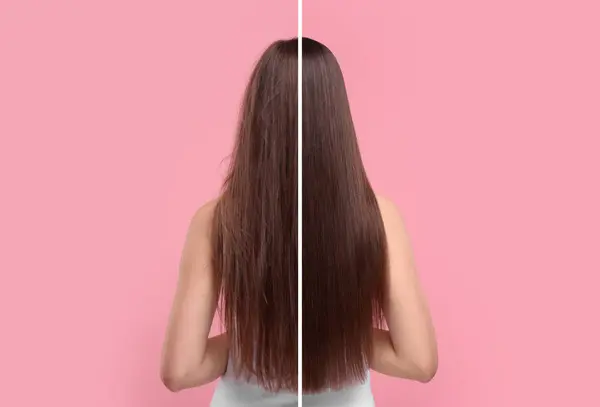 Photo Woman Divided Halves Hair Treatment Pink Background Back View — Stock Photo, Image