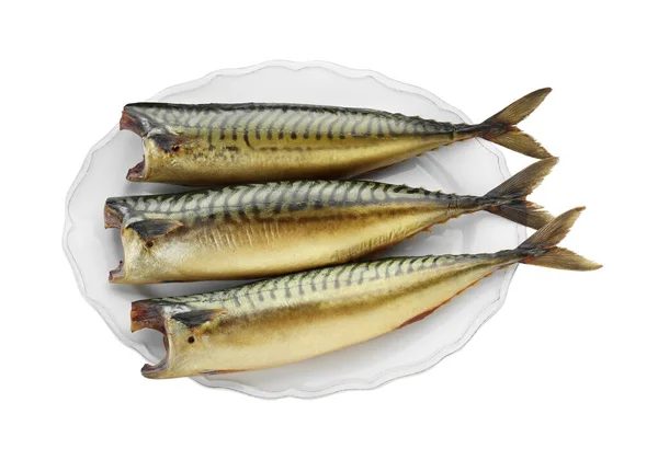 Heerlijke Gerookte Makreel Witte Achtergrond Bovenaanzicht — Stockfoto