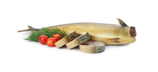 Köstliche Geräucherte Makrelen Mit Tomaten Und Dill Auf Weißem Hintergrund — Stockfoto
