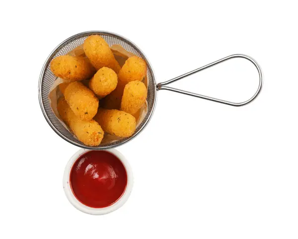 Tasty Cheese Sticks Ketchup White Background Top View — Stock Photo, Image