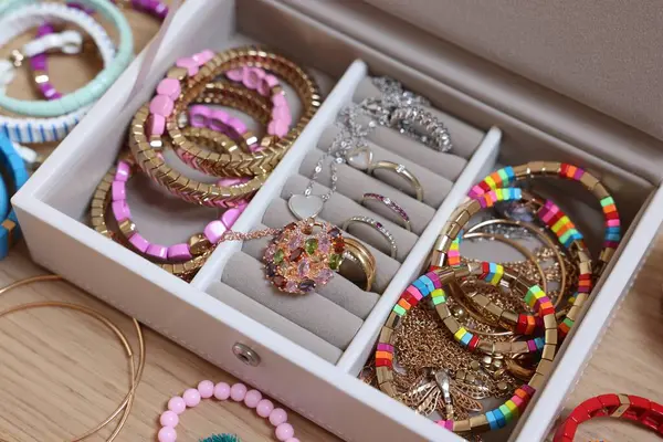 Jewelry Box Stylish Bracelets Other Accessories Wooden Table Closeup — Stock Photo, Image
