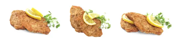Tasty Schnitzels Lemon Microgreens Isolated White Top Side Views Collage — Stock Photo, Image