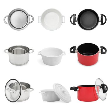 Beyaza izole edilmiş farklı çömleklerle ayarla