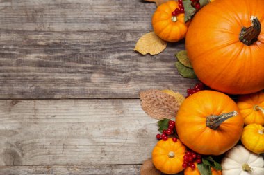 Şükran Günü. Tahta masa üzerinde kabak ile düz bileşim yatıyordu, metin için boşluk