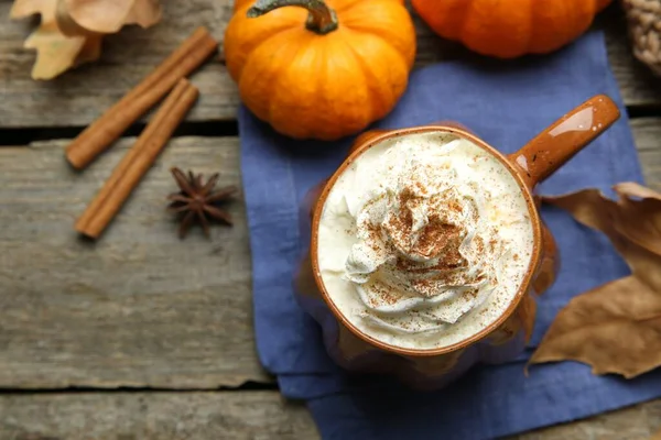Mug Pumpkin Spice Latte Whipped Cream Ingredients Dry Leaves Wooden — Stock Photo, Image