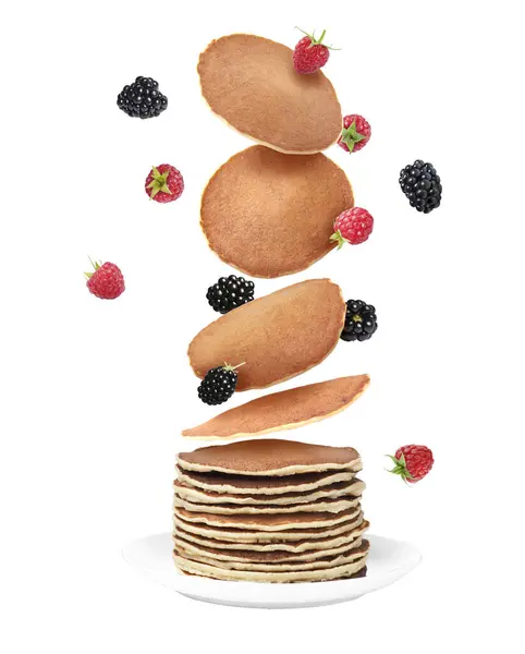 Many Fresh Pancakes Berries Falling Stack White Background — Stock Photo, Image