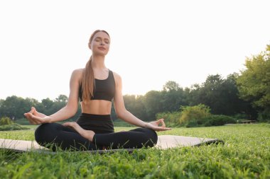 Güzel bir genç kadın yoga minderinde Padmasana egzersizi yapıyor. Lotus pozu