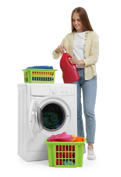 Beautiful Young Woman Detergent Laundry Washing Machine White Background — Stock Photo, Image