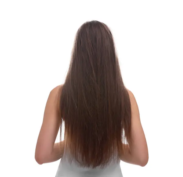 白い背景の損傷した髪の女性 バックビュー — ストック写真