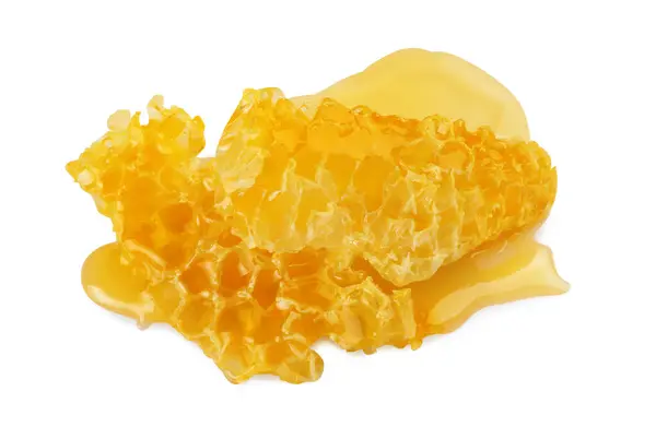 Cijfers Van Natuurlijke Honingraat Met Smakelijke Honing Geïsoleerd Wit — Stockfoto