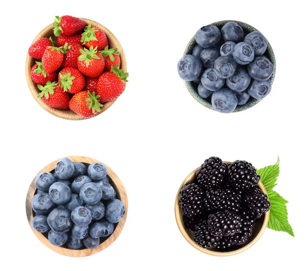 Fresh Blueberries Other Fresh Berries Bowls Isolated White Top View — Stock Photo, Image