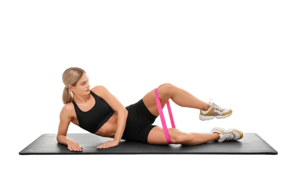 Woman Exercising Elastic Resistance Band Fitness Mat White Background — Stock Photo, Image