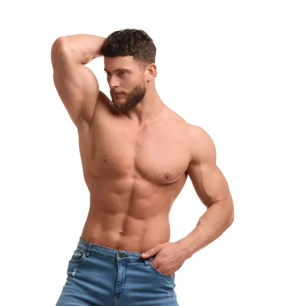 Bell Uomo Muscoloso Isolato Sul Bianco Corpo Sexy — Foto Stock