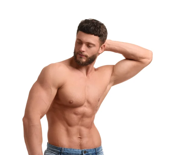 Schöner Muskulöser Mann Isoliert Auf Weißem Grund Sexy Körper — Stockfoto