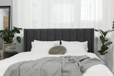 Büyük, rahat bir yatak ve güzel bitkiler. Yatak odasının içi.