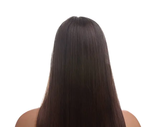 白い背景の処置の後の滑らかな健康な毛の女性 背部眺め — ストック写真