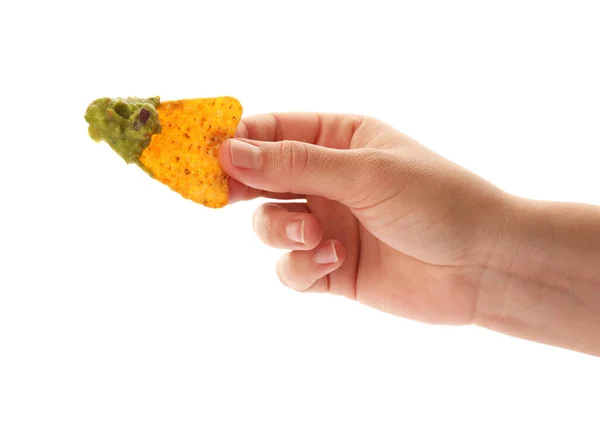 Kvinna Som Håller Läckra Nachos Chip Med Guacamole Vit Bakgrund — Stockfoto