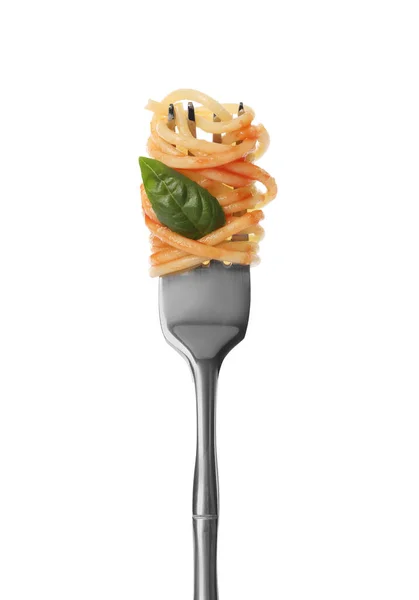 Fork Tasty Pasta Basil Tomato Sauce Isolated White — Stock Photo, Image
