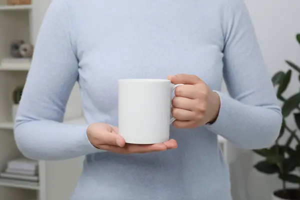Woman Holding White Mug Home Closeup Mockup Design — Stock Photo, Image