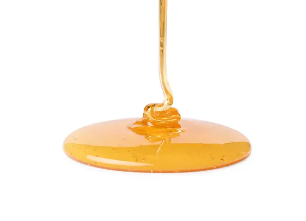 Giet Smakelijke Natuurlijke Honing Geïsoleerd Wit — Stockfoto