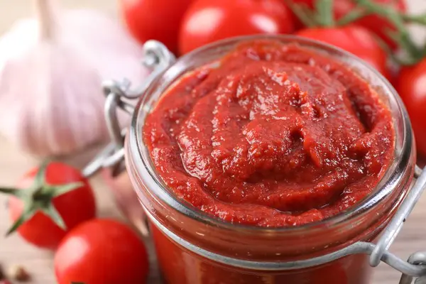 Jar Tasty Tomato Paste Table Closeup — Stock Photo, Image