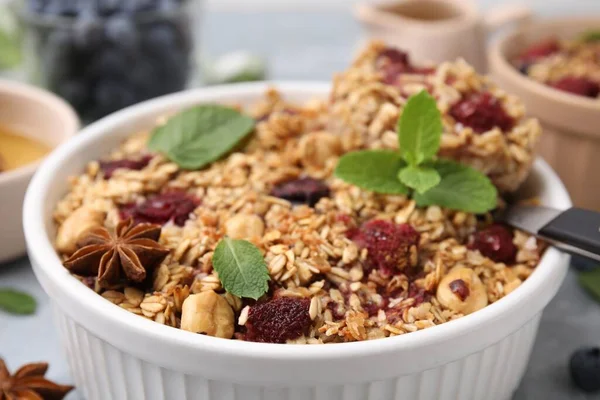 Tasty Baked Oatmeal Berries Nuts Anise Star Table Closeup — Stock Photo, Image