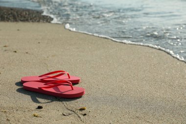 Deniz kenarındaki kumda pembe parlak parmak arası terlikler. Metin için boşluk