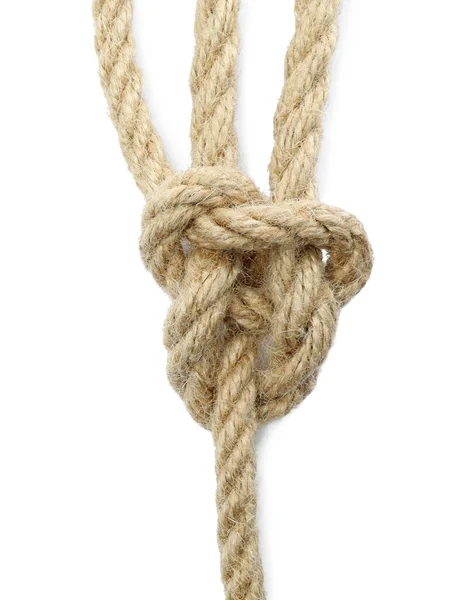 上のビューで隔離された結び目が付いている麻のロープ — ストック写真