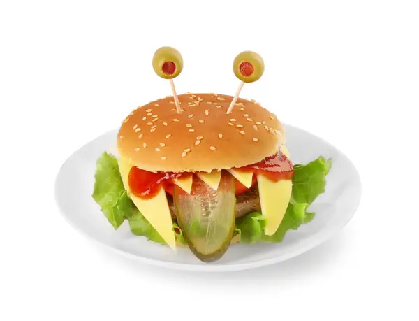 Cute Monster Burger Isolated White Halloween Party Food — Stock Photo, Image