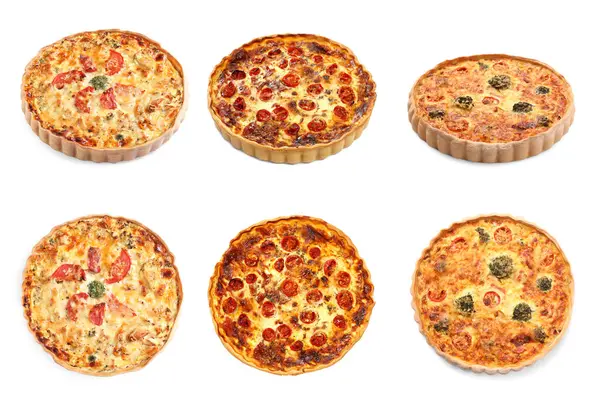 Different Tasty Quiches Isolated White Collage Side Top Views — Stock Photo, Image