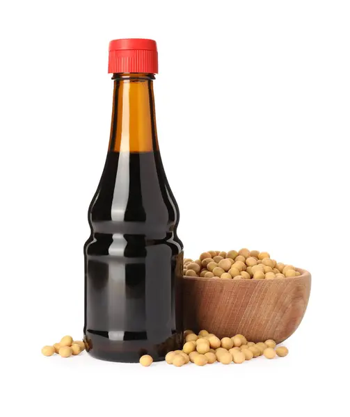 Bottle Soy Sauce Soybeans Isolated White Stock Photo