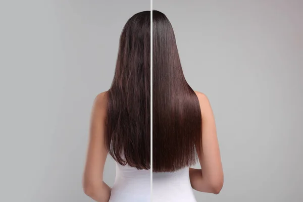 Photo Woman Divided Halves Hair Treatment Grey Background Back View — Stock Photo, Image