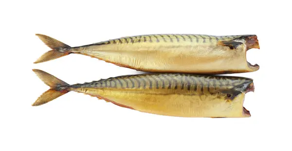 Delicious Smoked Mackerels Isolated White Top View — Stock Photo, Image