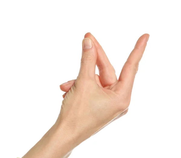 Mulher Estalar Dedos Fundo Branco Perto Mau Hábito — Fotografia de Stock