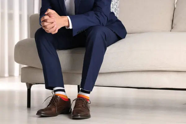 Man Wearing Stylish Shoes Colorful Socks Indoors Closeup — Stock Photo, Image