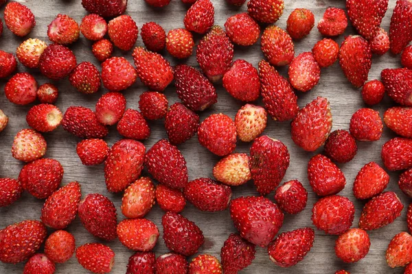 Many Fresh Wild Strawberries Wooden Table Flat Lay — Stock Photo, Image