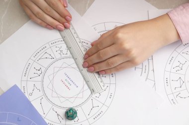 Astrolog, falcılık tahmini için zodyak tekerleği kullanıyor. Falcı.