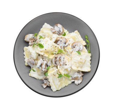 Lezzetli soslu ve beyaz mantarlı leziz ravioli.