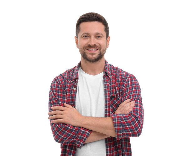 Hombre Feliz Con Brazos Cruzados Sobre Fondo Blanco — Foto de Stock